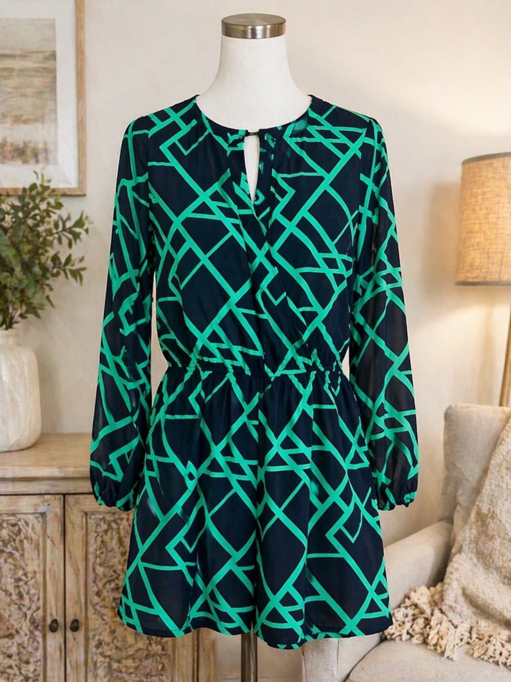 JustFab Romper Small Navy Green Geometric Faux Wrap Long Sleeve NWT
